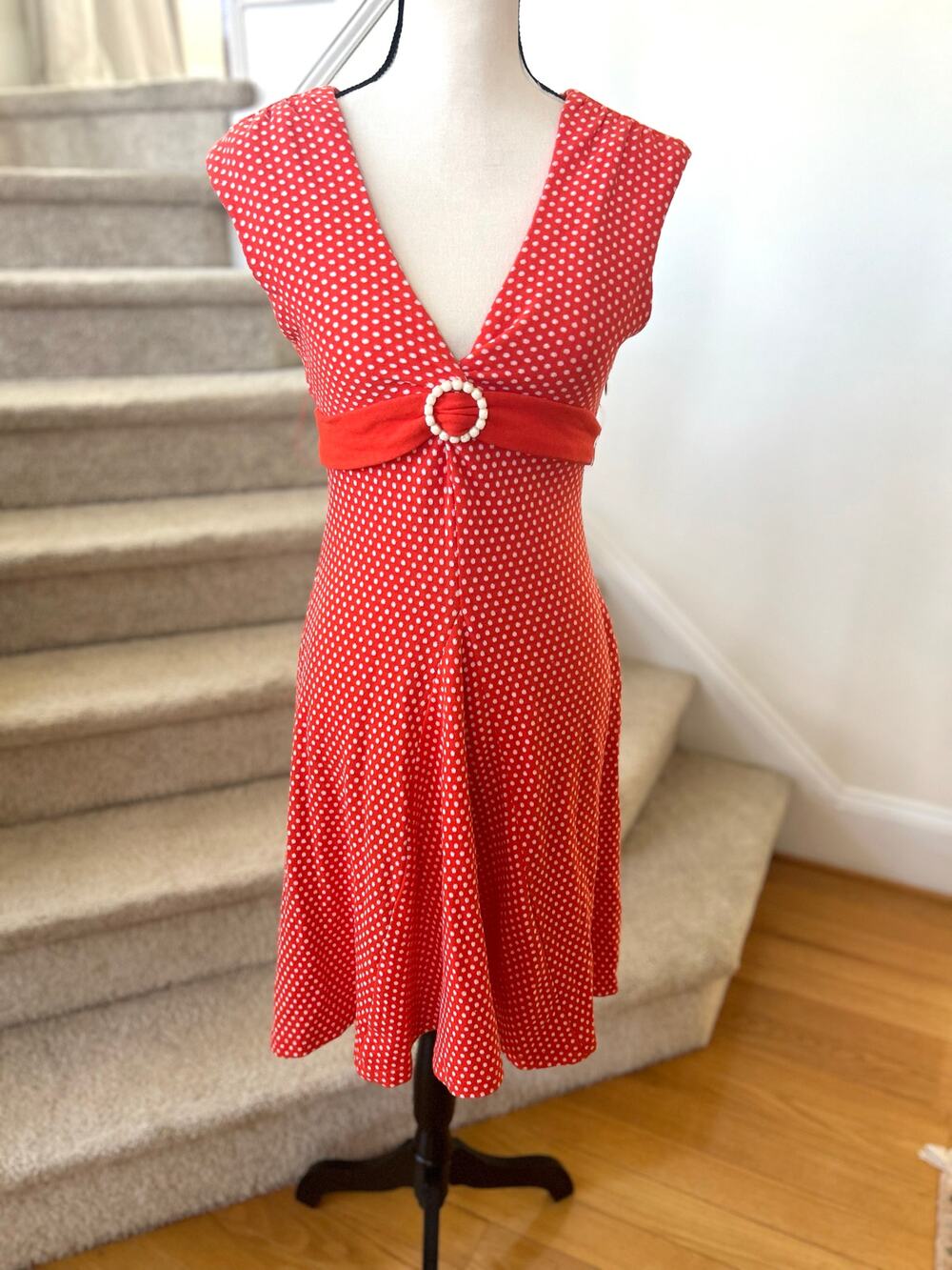 Eva Franco Coral Orange & White Polka Dot Belted Knit Dress